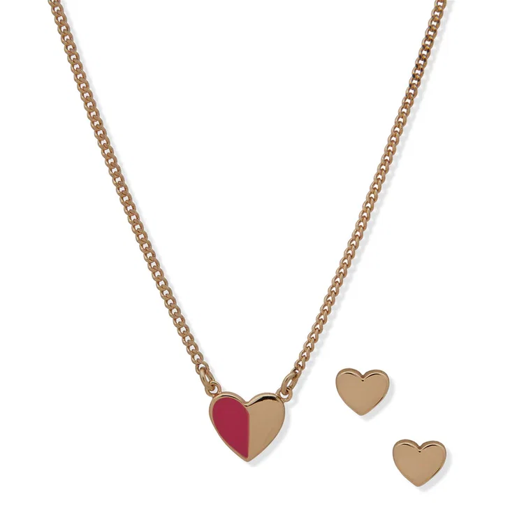 DKNY Women’s Gold Heart Set with Pink Enamel
