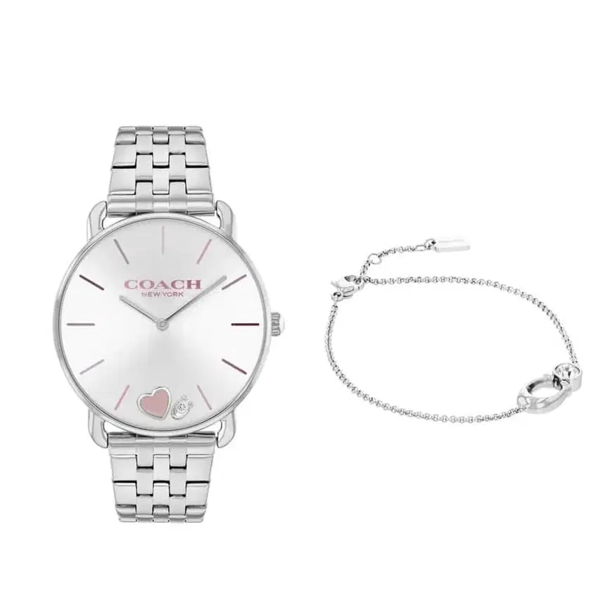 Coach Women's Silver Watch Set with Bracelet – Heart Motif Dial