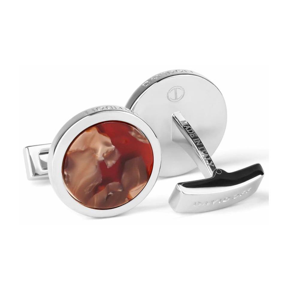 أزرار أكمام رجالية دافيدوف دائرية فضية مع حجر بني