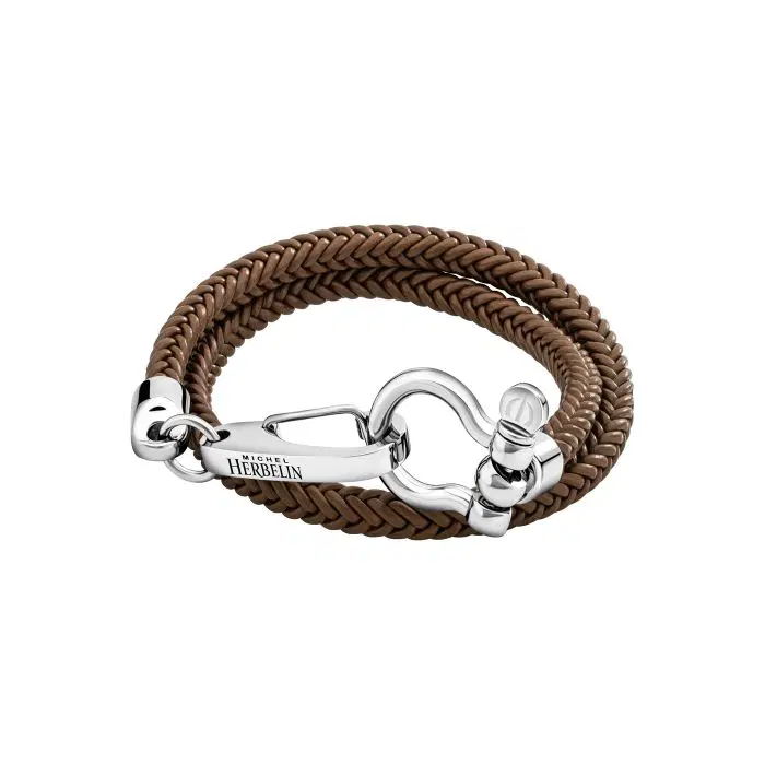 Michel Herbelin Brown Leather Bracelet with Steel Clasp
