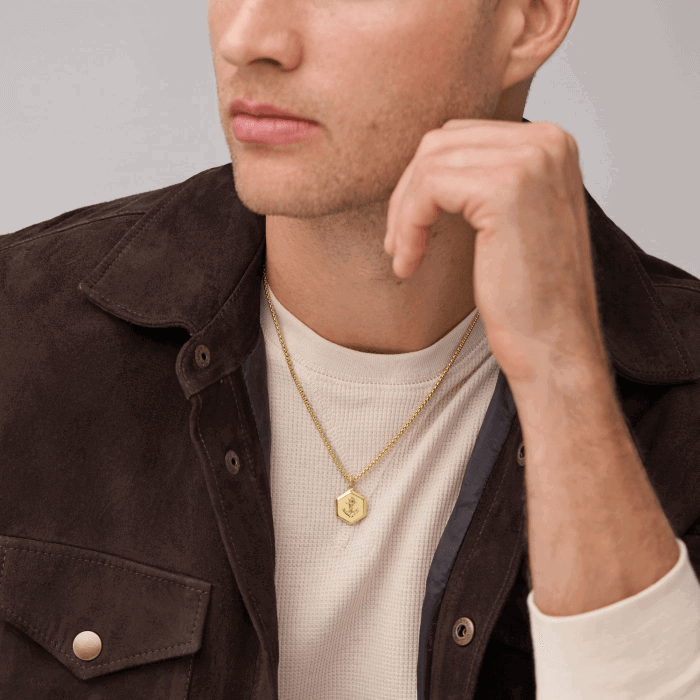 Fossil Sutton men necklace engraved chain in steel, gold