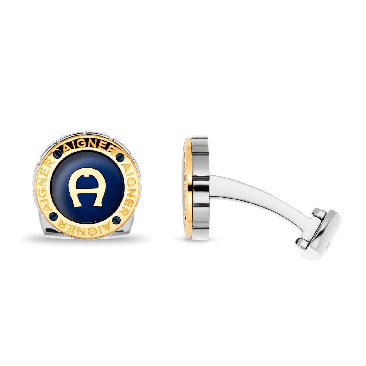 Aigner round cufflink for gent steel silver , Blue
