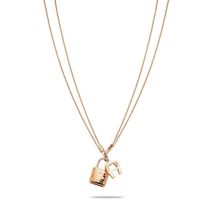 Aigner Padlock & Logo Pendant Necklace in Rose Gold