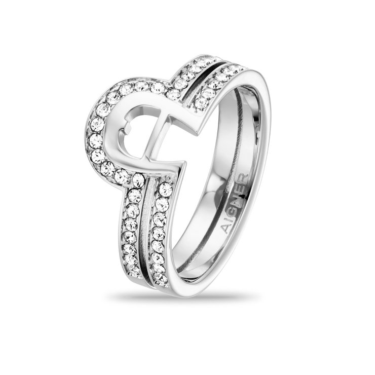 Aigner Logo ring for ladies steel silver / Crystal size 54