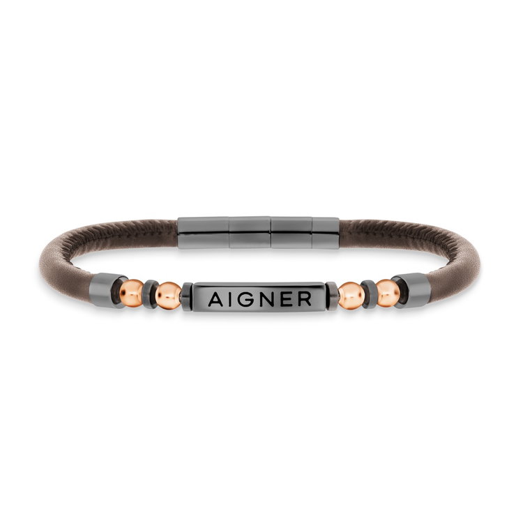 Aigner gent bracelet gun metal with brown leather