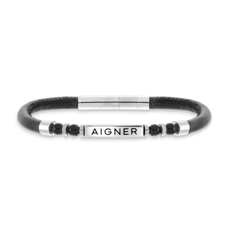 Aigner gent bracelet silver with black leather