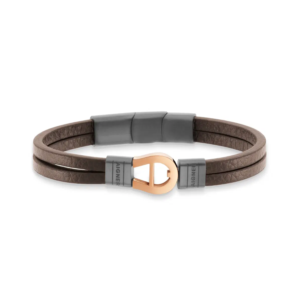 Aigner Men’s Brown Leather Bracelet with Rose Gold Logo