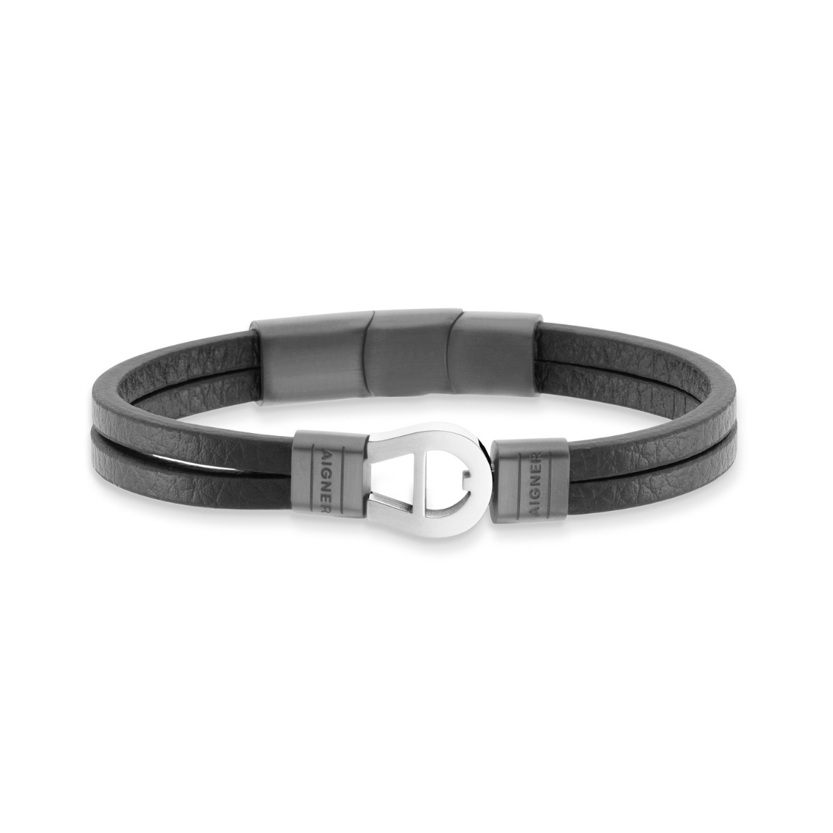 Aigner gent bracelet silver logo and black leather