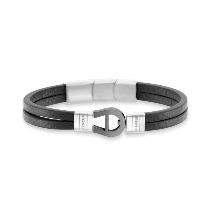 Aigner gent bracelet gun metal logo and black leather