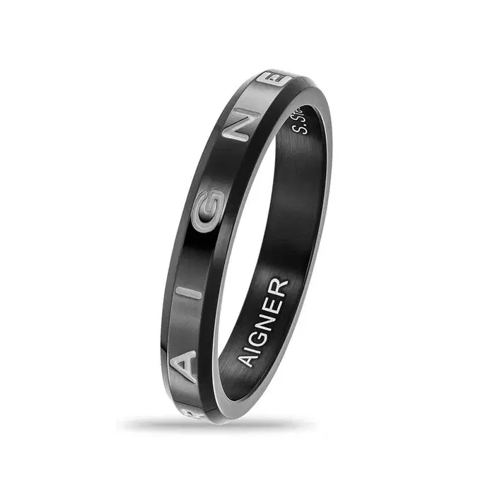Aigner Mens Black Steel Ring with Engraved size 64