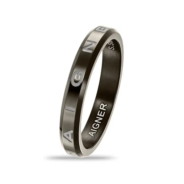 Aigner Mens Gunmetal Steel Ring with Engraved Signature Design size 60