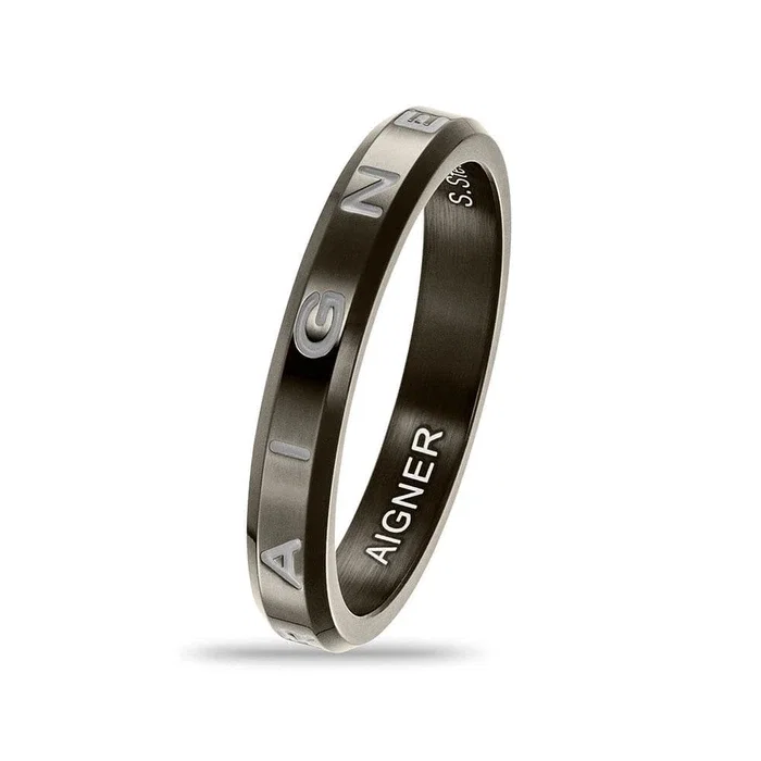 Aigner Mens Gunmetal Steel Ring with Engraved Signature Design size 62