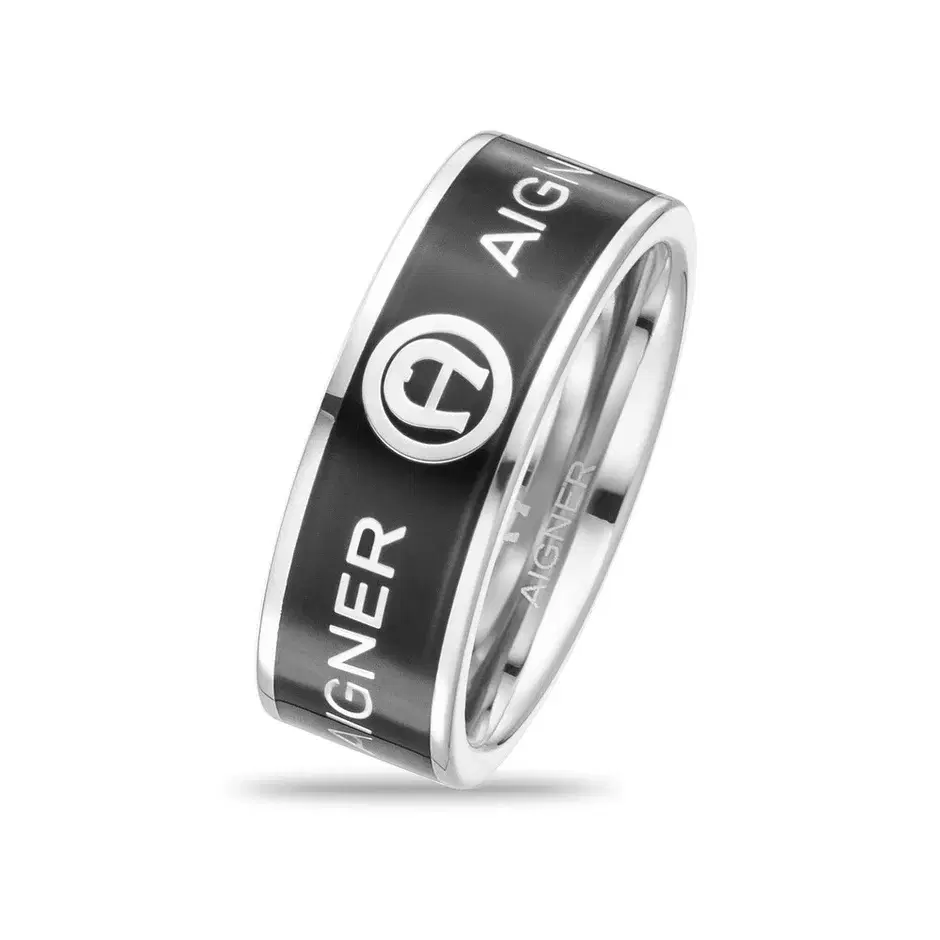 Aigner Etro Ring for Men Silver and Black with Logo size 64