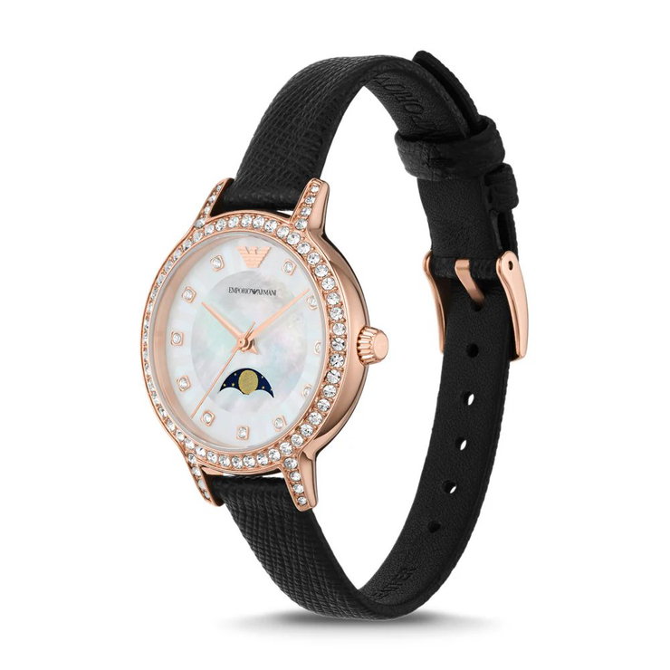 Emporio Armani Moon Phase ladies Watch Black Leather