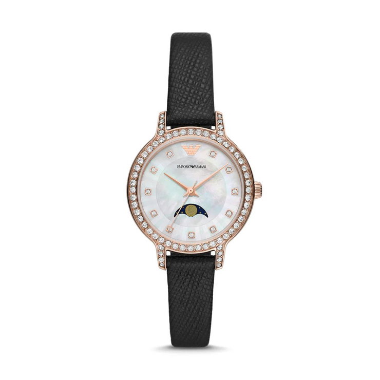 Emporio Armani Moon Phase ladies Watch Black Leather