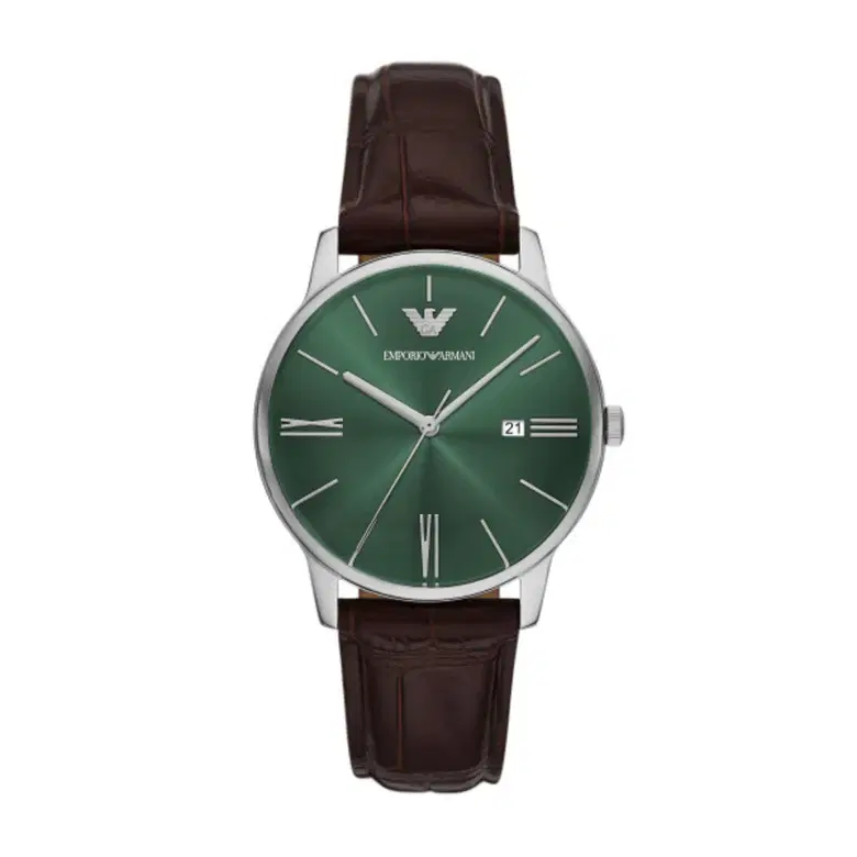Emporio Armani Men Green Dial Brown Leather Watch