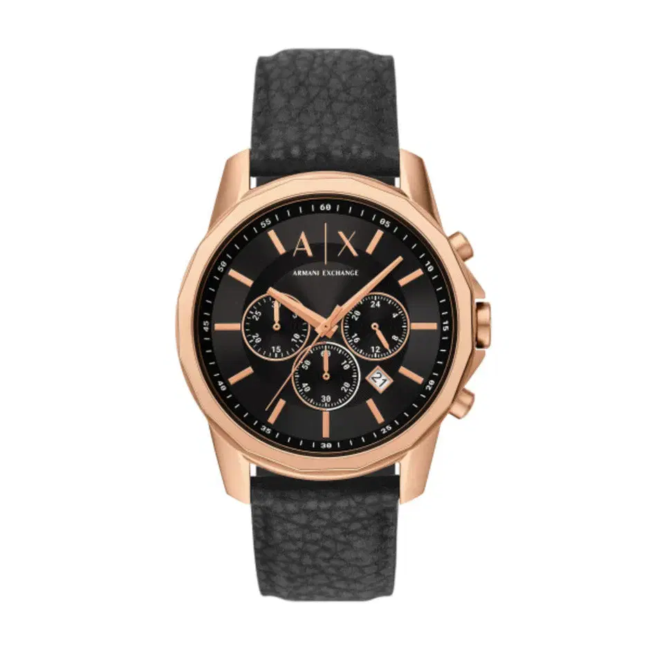 Armani Exchange Men's Rose Gold - Black Leather Watch