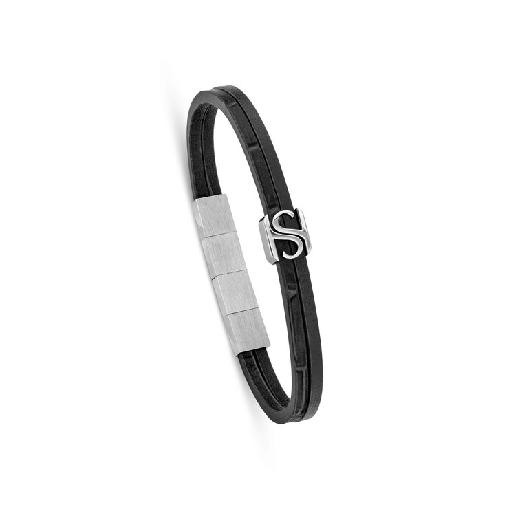 Saint Honore Men’s Black Leather Bracelet with Steel Clasp