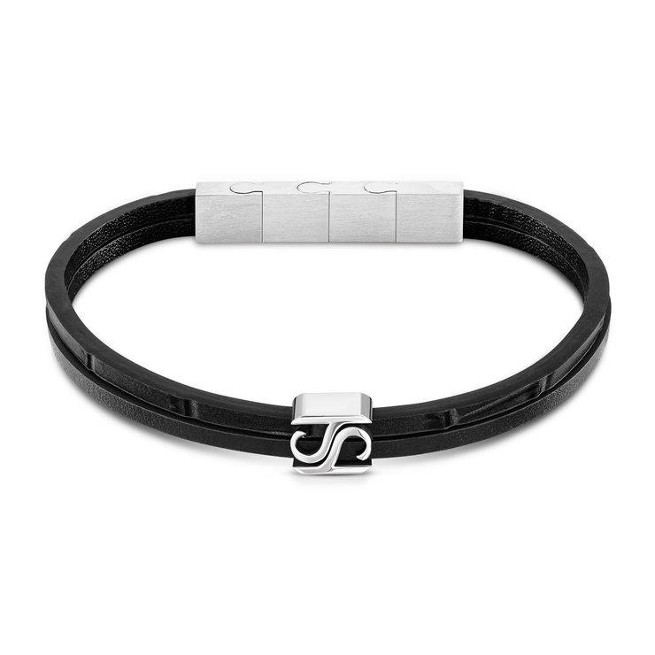 Saint Honore Men’s Black Leather Bracelet with Steel Clasp