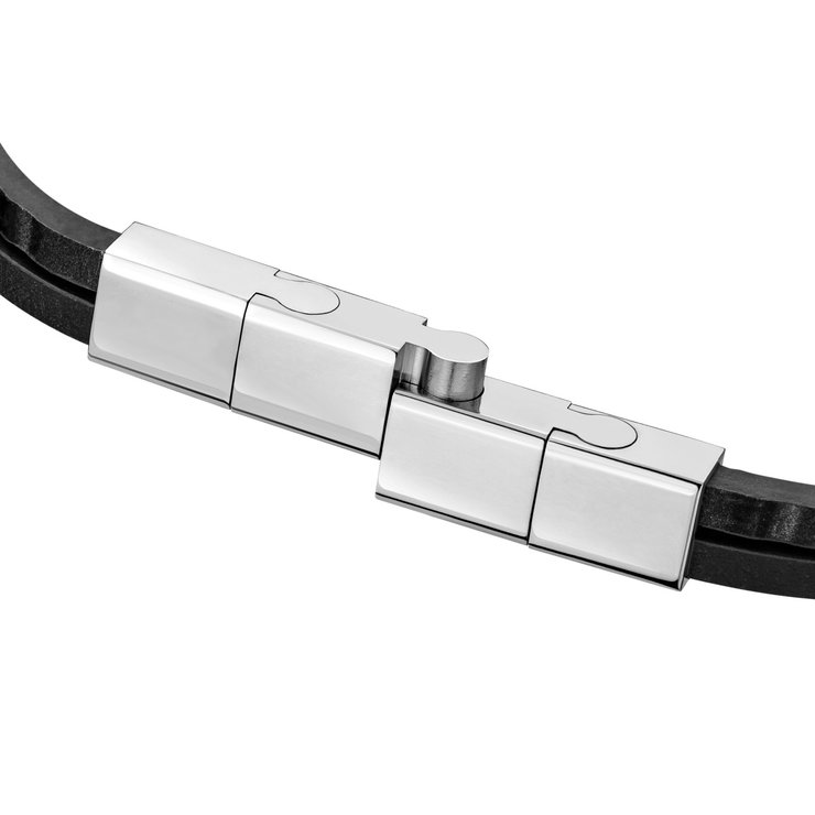 Saint Honore Men’s Black Leather Bracelet with Steel Clasp