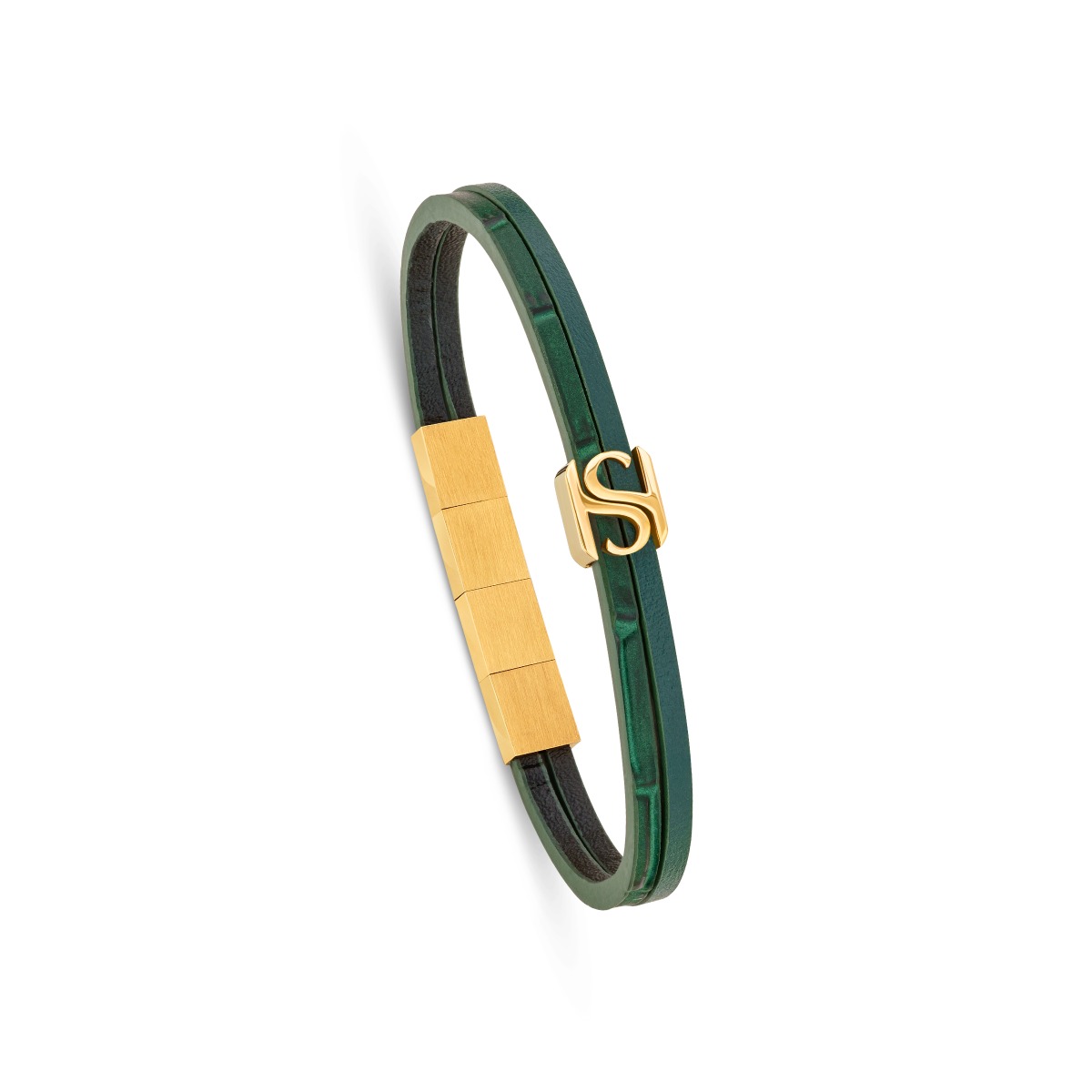 Saint Honore Green Leather Bracelet with Gold Stainless Steel