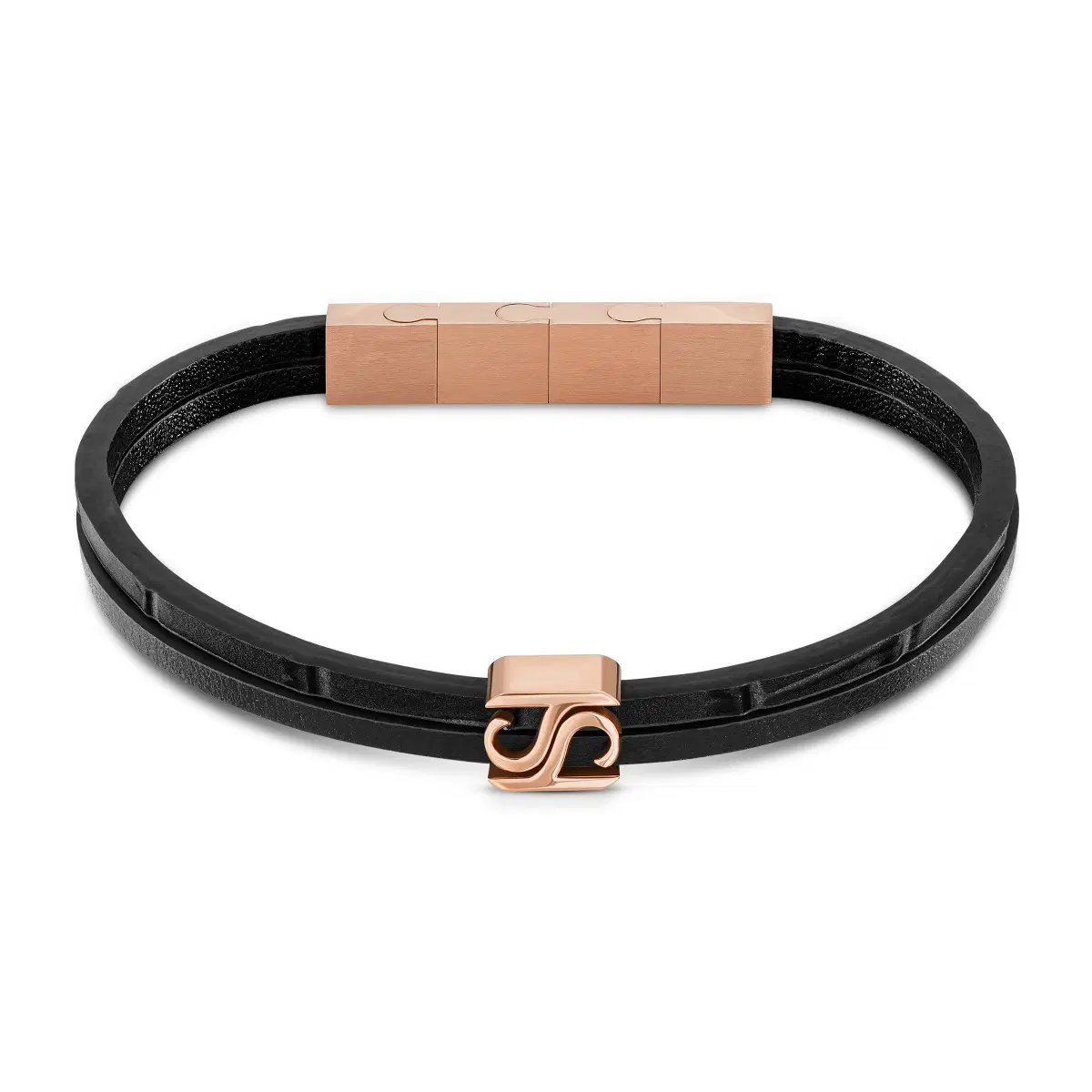 Saint Honore Black Leather Bracelet with Rose Gold Steel