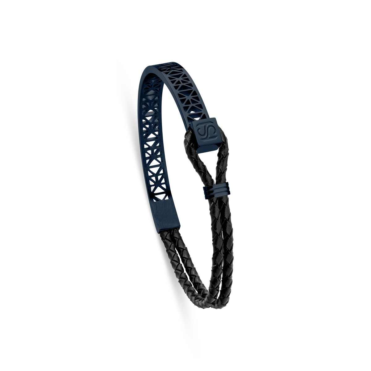 Saint Honore bracelet for men steel blue , Black leather