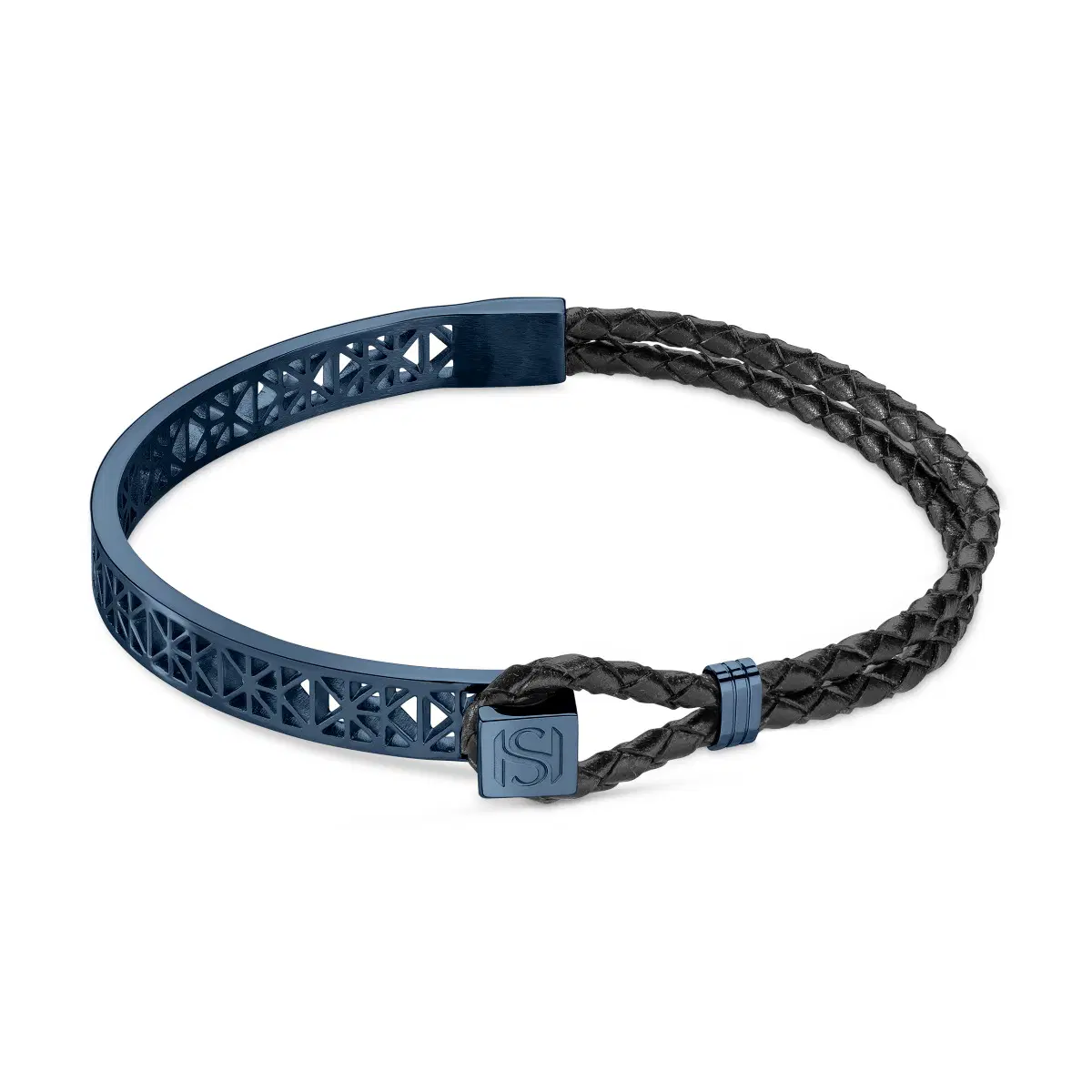 Saint Honore bracelet for men steel blue , Black leather