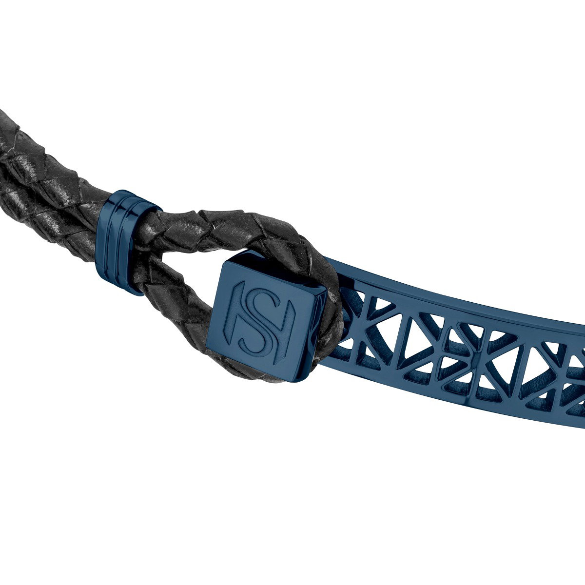 Saint Honore bracelet for men steel blue , Black leather