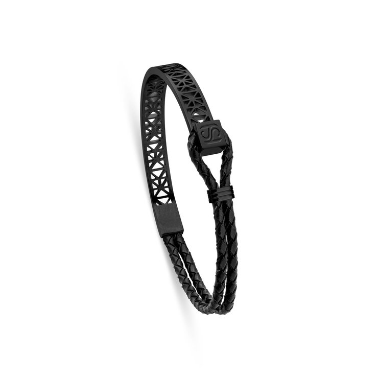 Saint Honore bracelet for men steel black , Black leather