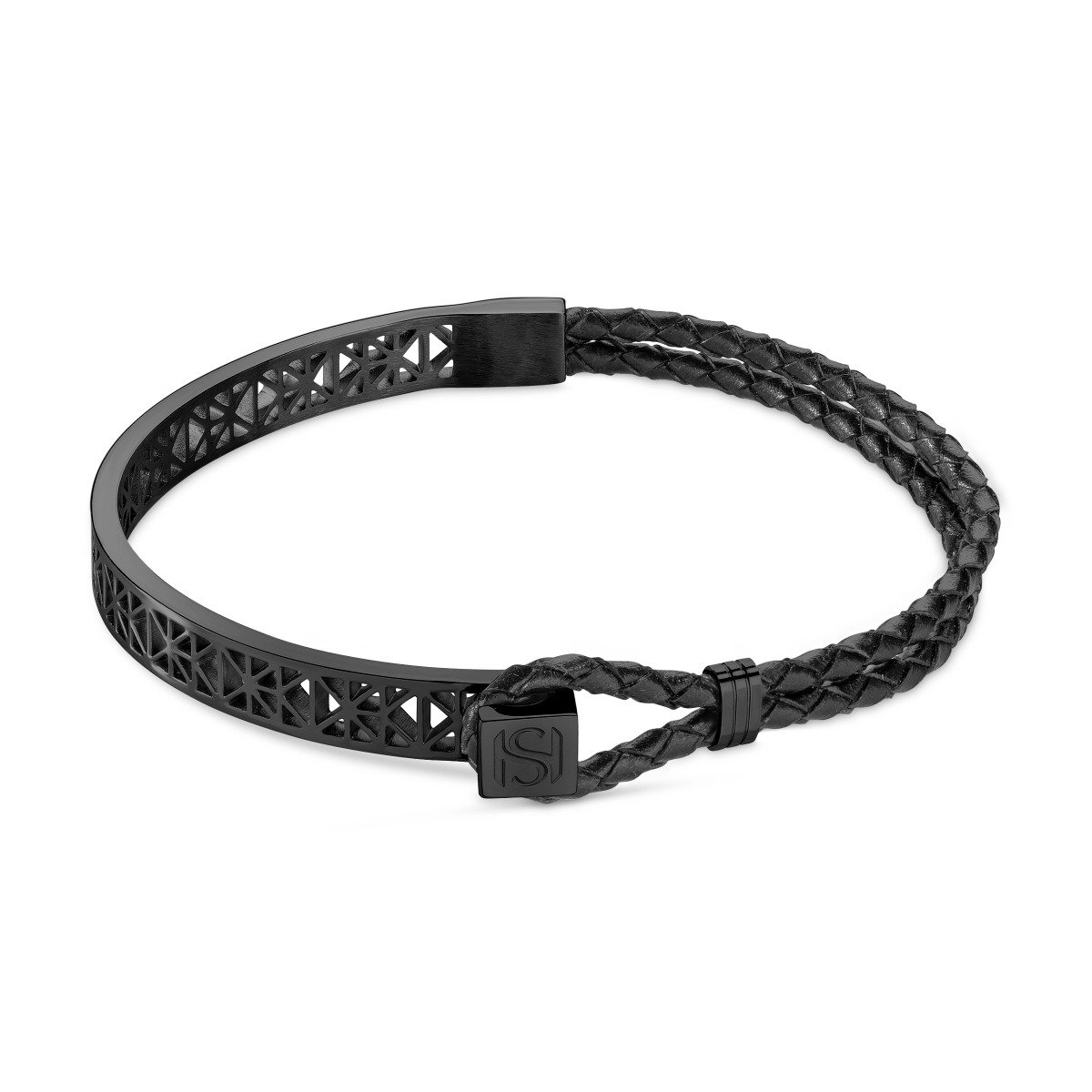 Saint Honore bracelet for men steel black , Black leather