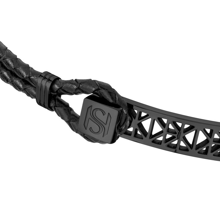 Saint Honore bracelet for men steel black , Black leather