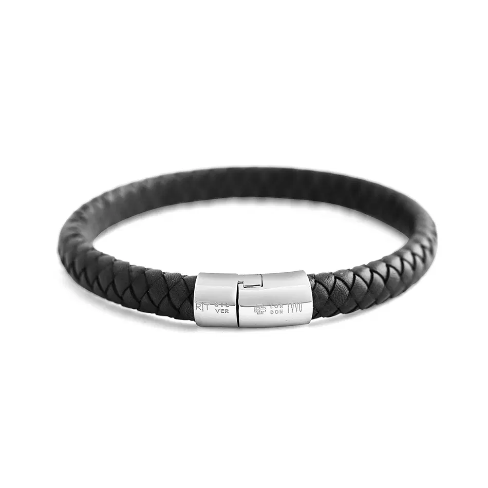 Tateossian Men’s Black Braided Leather Bracelet - Silver Clasp