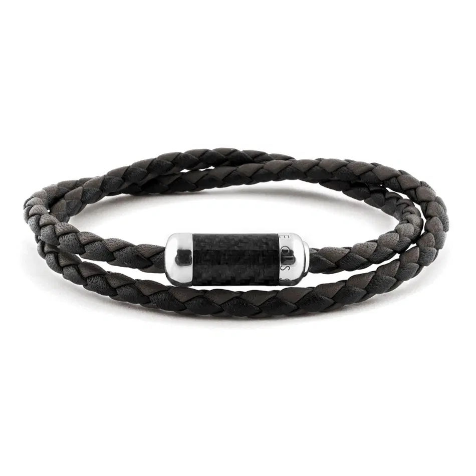 Tateossian Men’s Braided Leather Bracelet - Carbon Clasp L