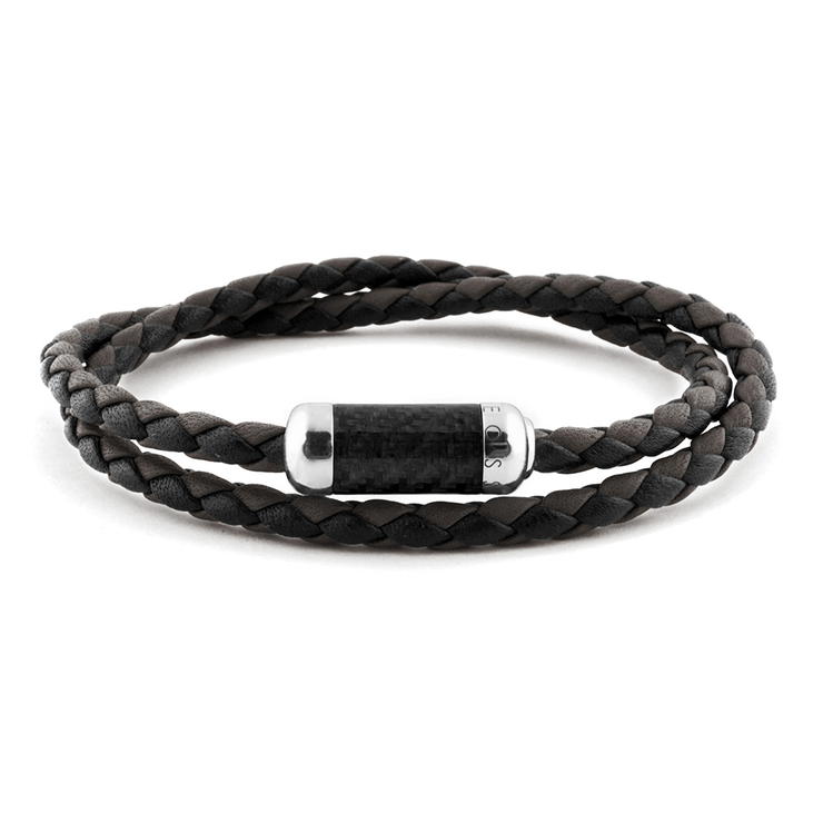 Tateossian Men’s Braided Leather Bracelet - Carbon Clasp M