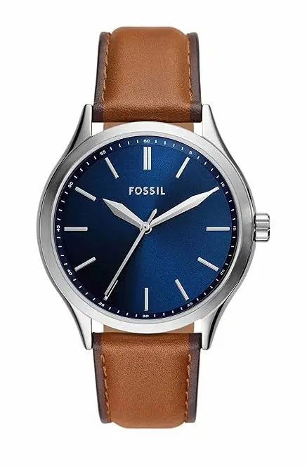 Fossil Men's Watch with Blue Dial and Brown Leather Strap