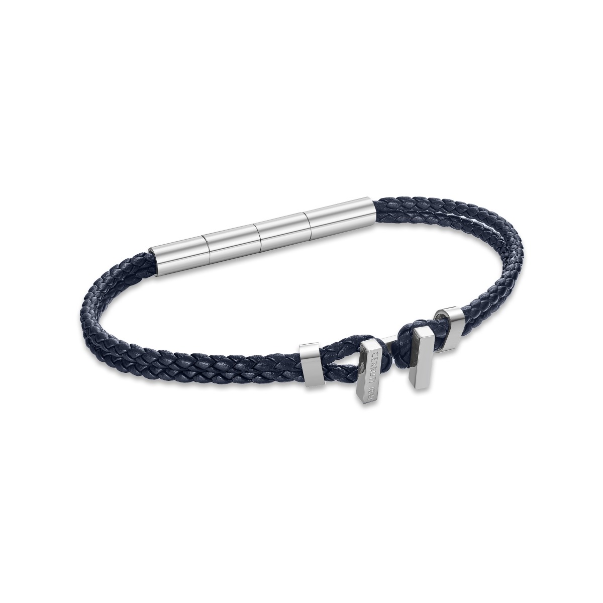 Cerruti 1881 Men's Navy Blue Braided Leather Bracelet - Silver