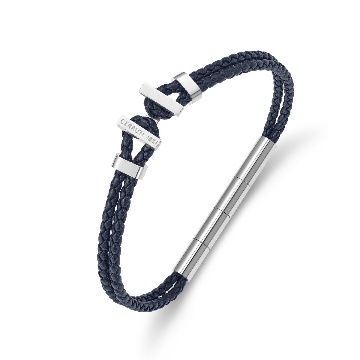 Cerruti 1881 Men's Navy Blue Braided Leather Bracelet - Silver