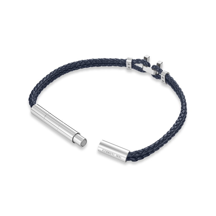 Cerruti 1881 Men's Navy Blue Braided Leather Bracelet - Silver