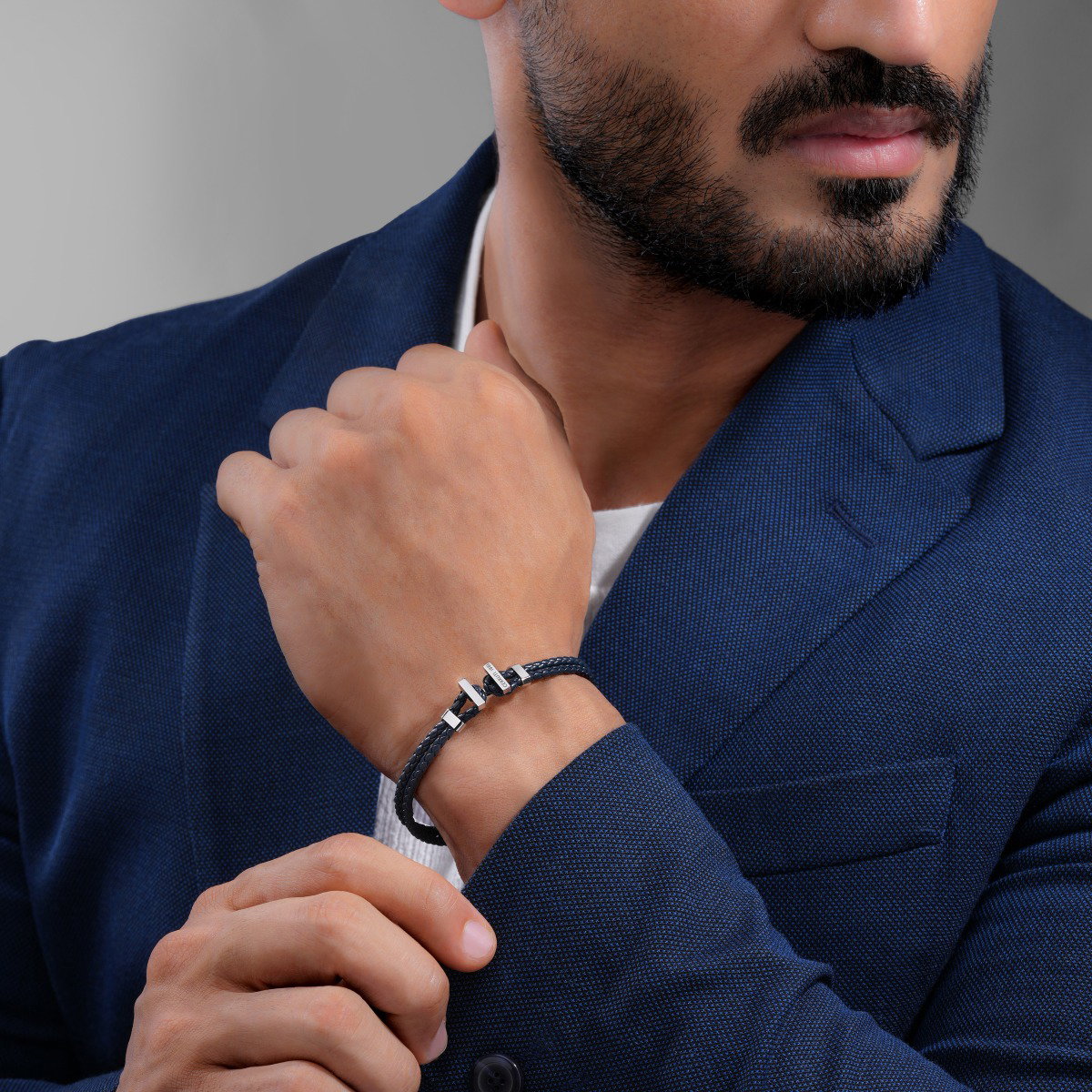 Cerruti 1881 Men's Navy Blue Braided Leather Bracelet - Silver