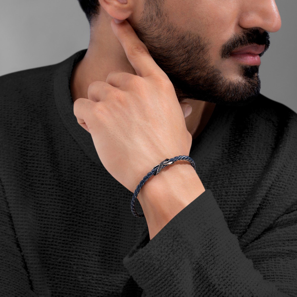 Cerruti 1881 Men's Navy Blue Leather Bracelet – Gunmetal 