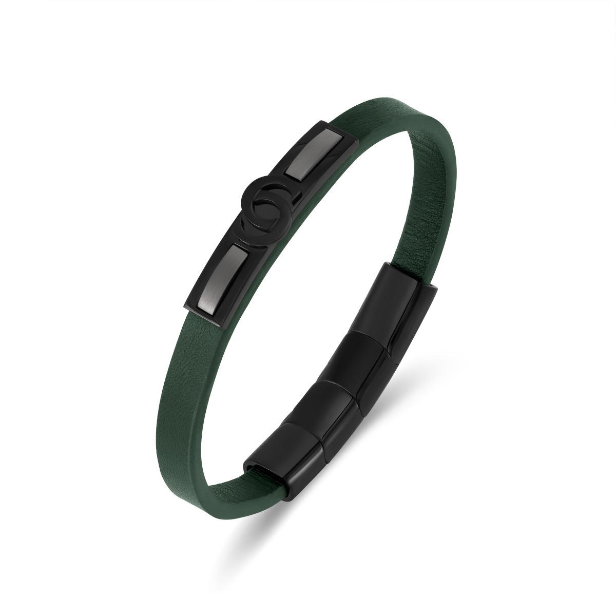 Cerruti 1881 Elio Men Green Leather Bracelet with Black Steel