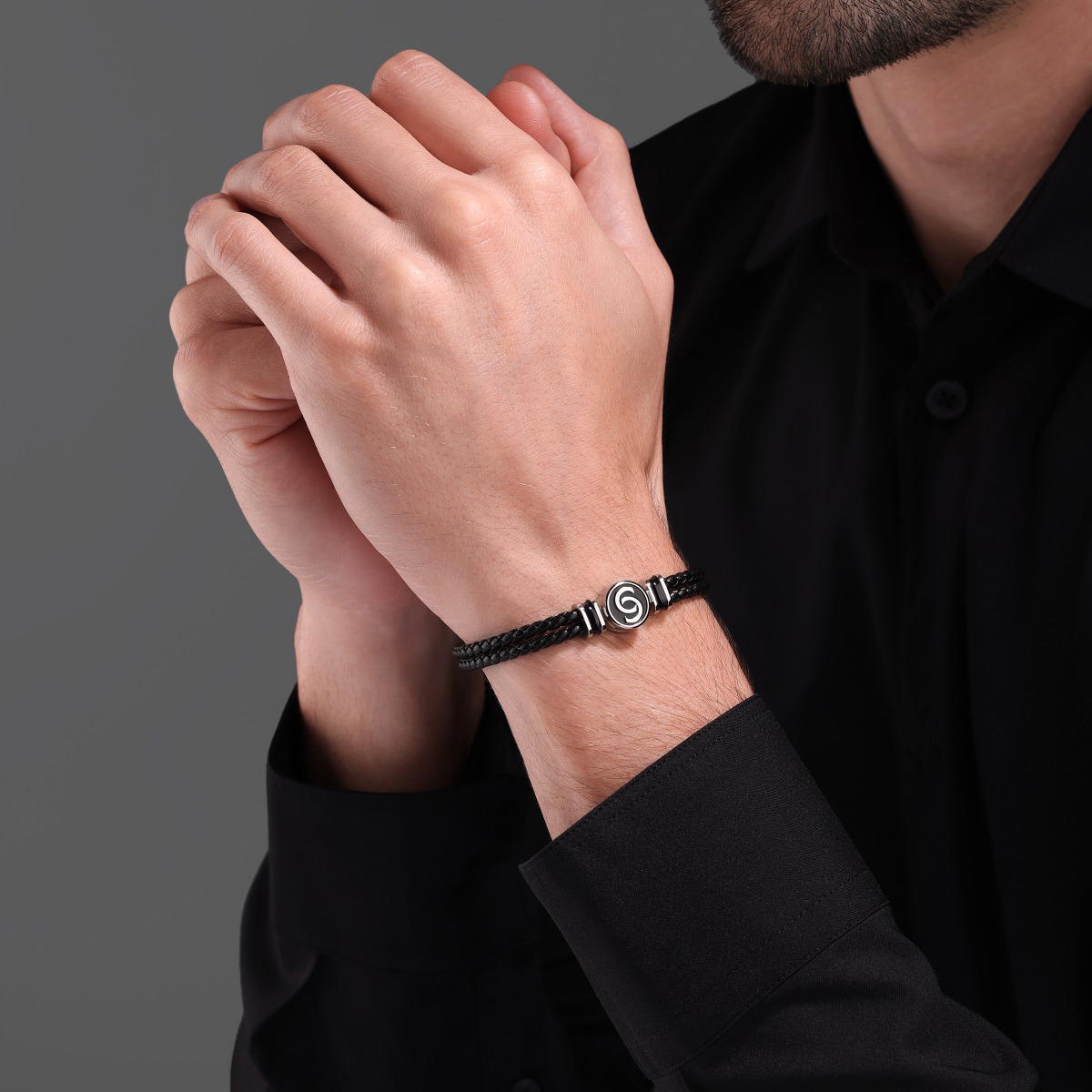 Cerruti 1881 Daniele Black Braided Leather Bracelet