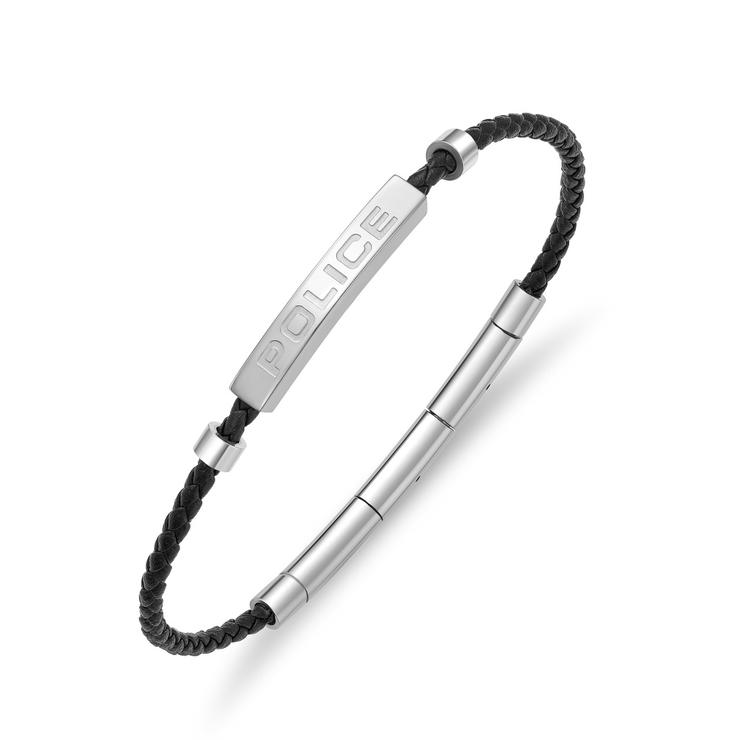 Police Men Leather Bracelet Black Stainless Steel