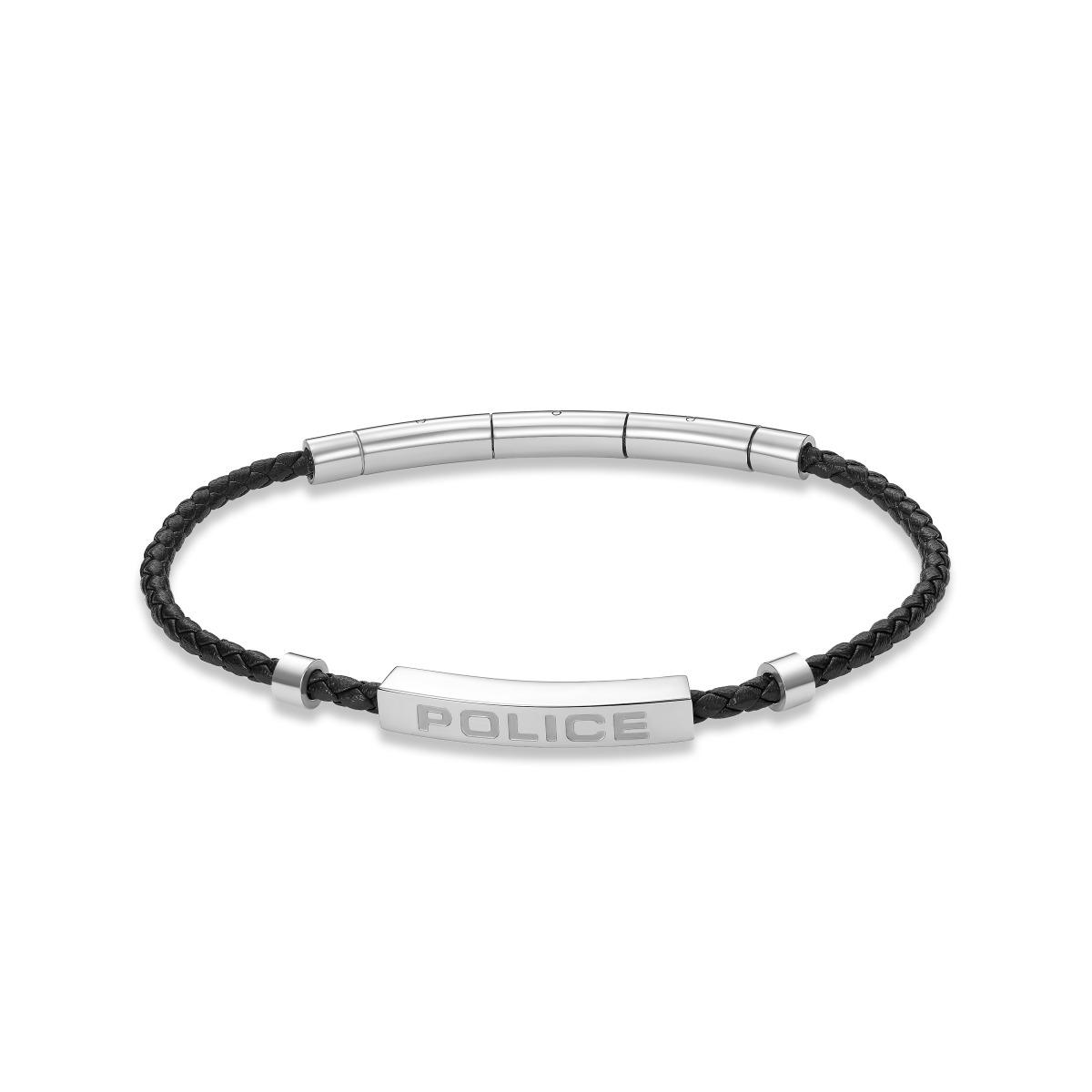 Police Men Leather Bracelet Black Stainless Steel