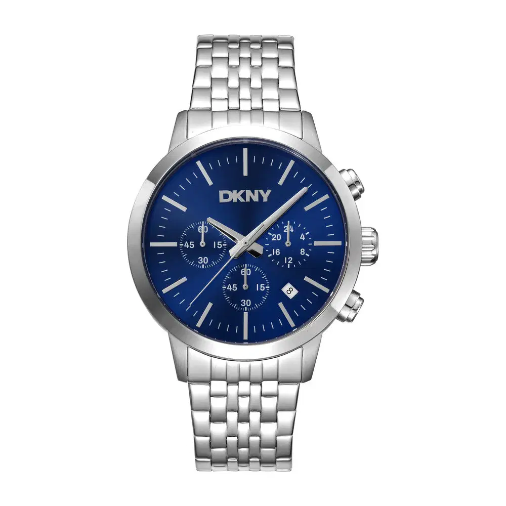 DKNY Men's Silver Steel Chronograph Watch with Blue Dial