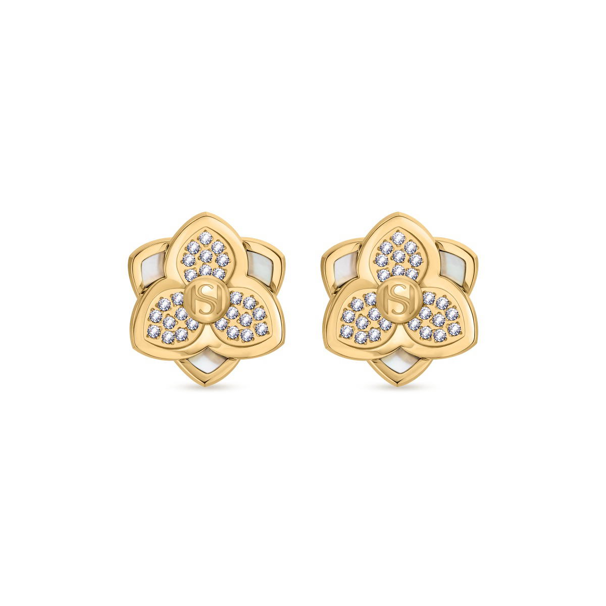 Saint Honore Gold Flower Stud Earrings with Crystals 