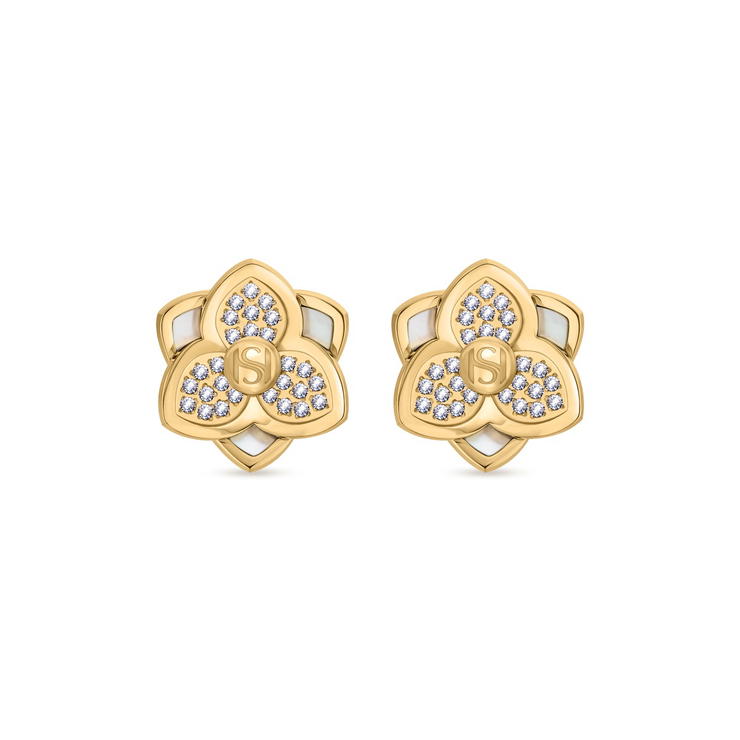 Saint Honore Gold Flower Stud Earrings with Crystals 