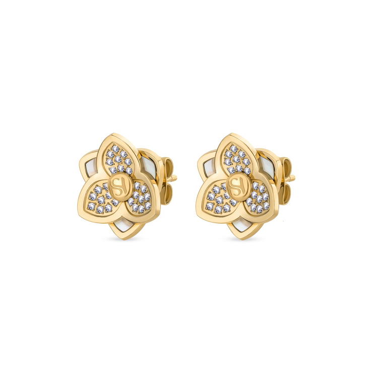 Saint Honore Gold Flower Stud Earrings with Crystals 
