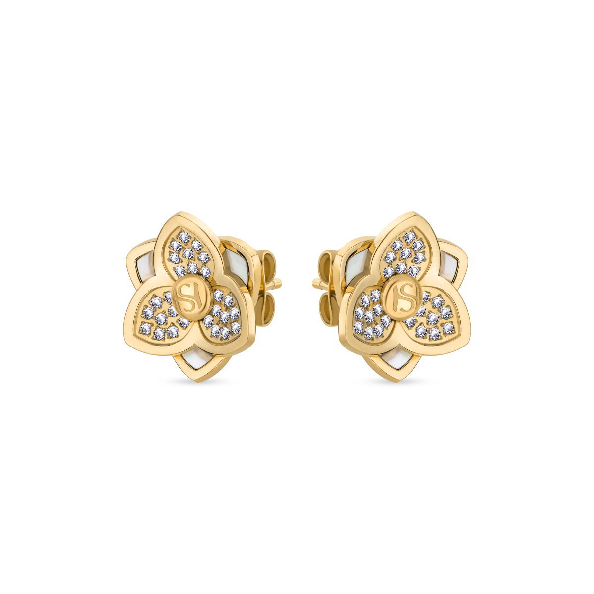 Saint Honore Gold Flower Stud Earrings with Crystals 